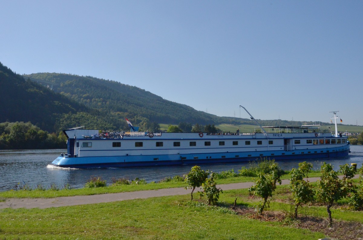 Die MS Patria ist ein rustikales, gemtliches Flussschiff mit Restaurant und Salon mit kleiner, klimatisierter Bar. Sie verfgt ber ein teilweise berdachtes Sonnendeck mit Sitzpltzen. Das Schiff bietet 66 Gsten in insgesamt 33 Kabinen Platz. Lnge: ca. 67m, Breite: ca. 7,70m, Tiefgang: ca. 1,60m, Geschwindigkeit: 14 Knoten. Legt gerade am Anleger von Mehring am 30.09.2013 an. 