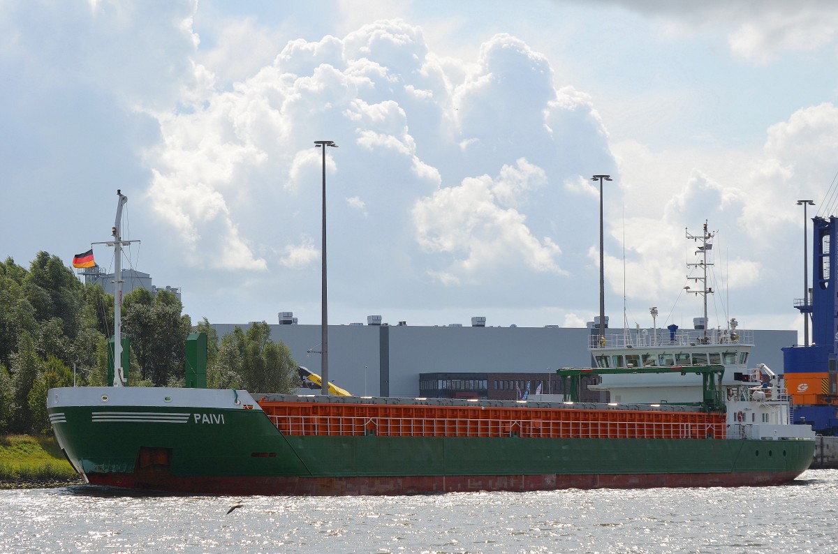 Die Paivi IMO-Nummer:9434149 Flagge:Zypern Länge:82.0m Breite:12.0m Baujahr:2008 Bauwerft:Bodewes Shipyard,Hoogezand Niederlande am 24.08.14 bei Rendsburg im Nord-Ostsee-Kanal aufgenommen