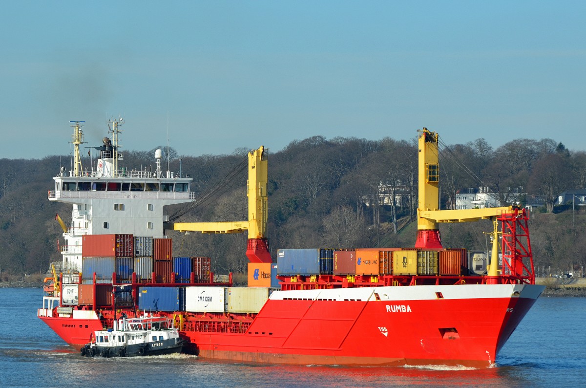 Die Rumba IMO-Nummer:9264714 Flagge:Gibraltar Länge:132.0m Breite:19.0m Baujahr:2003 Bauwerft:Yangfan Group Zhoushan Ship Manufactory,Zhoushan China nach Hamburg einlaufend vom Rüschpark in Finkenwerder aufgenommen am 16.02.16