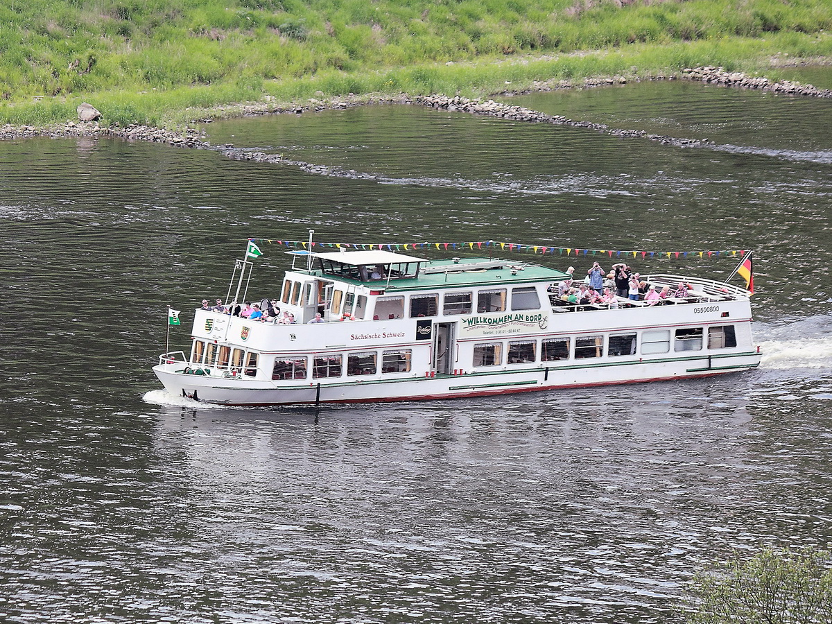 Die  Sächsische Schweiz  war am 21. Mai 216 auf der Elbe hier im Bereich der Fährstelle Bad Schandau Stadt unterwegs. 