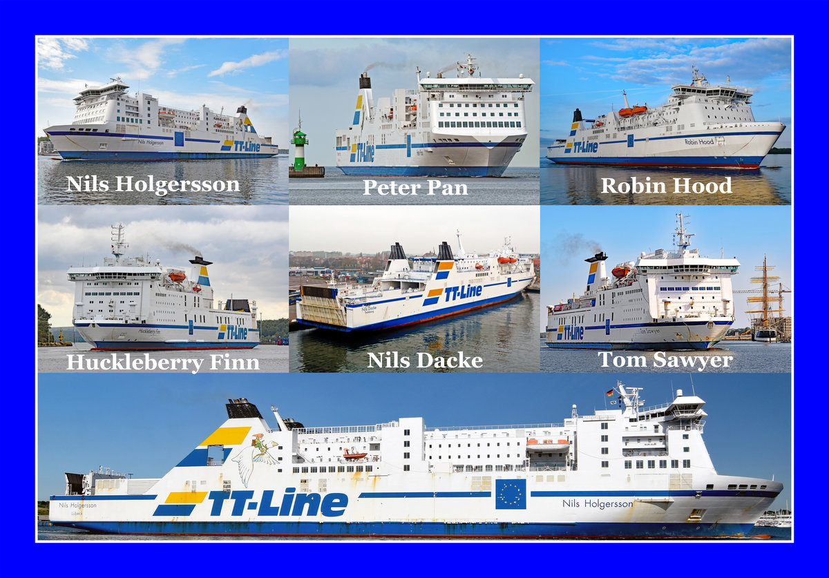 Die Schiffe der TT-Line im Jahr 2018: Nils Holgersson, Peter Pan, Robin Hood, Huckleberry Finn, Nils Dacke und Tom Sawyer. Aufgenommen in und bei Travemünde bzw. in Trelleborg (Nils Dacke) 