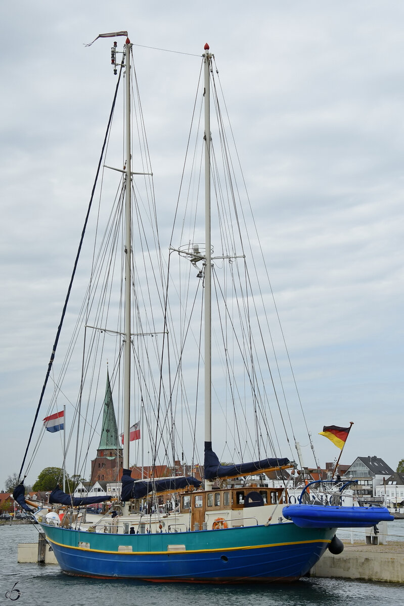 Die Segelyacht SAFIER hat im Yachthafen Rosenhof angelegt. (Priwall, Mai 2023)
