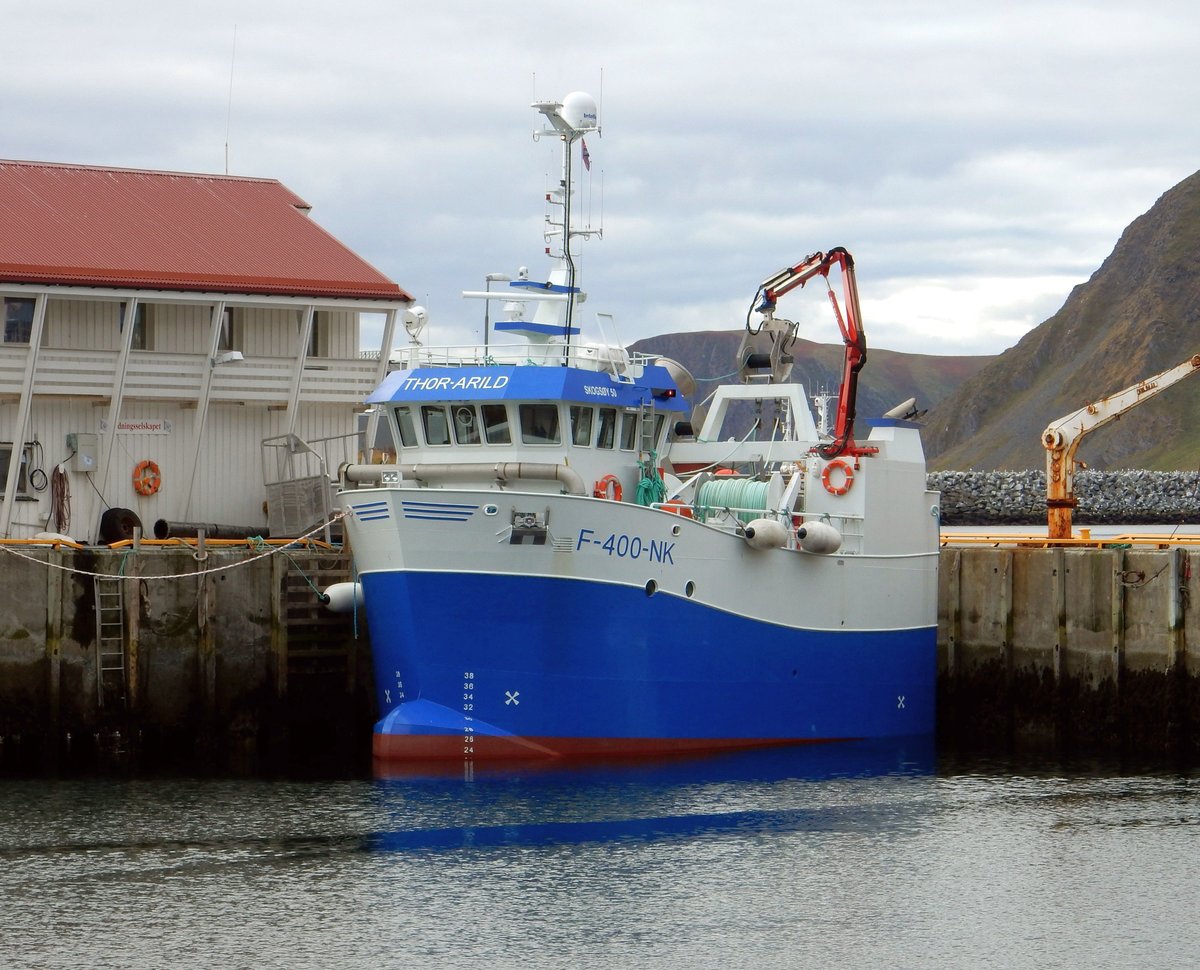 Die Skogsoyvaering, F-100-NK,ein Fischfangfahrzeug, am 03.09.16 in Honnigsvag.