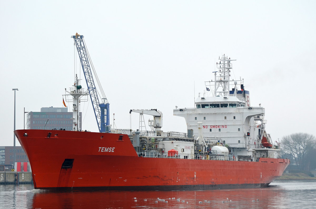 Die Temse ex. Kemira Gas IMO-Nummer:9045807 Flagge:Belgien Länge:142.0m Breite:21.0m Baujahr:1995 Bauwerft:Boelwerf Vlaanderen Shipbuilding,Temse Belgien aufgenommen am 04.02.17 im Nord-Ostsee-Kanal bei Rendsburg.