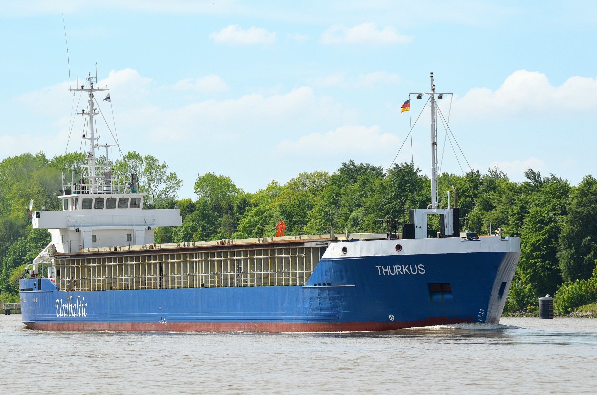 Die Thurkus IMO-Nummer:8915744 Flagge:Zypern Länge:88.0m Breite:13.0m Baujahr:1991 Bauwerft:Royal Niestern Sander,Delfzijl Niederlande aufgenommen am 18.05.14 im Nord-Ostsee-Kanal bei Fischerhütte. 