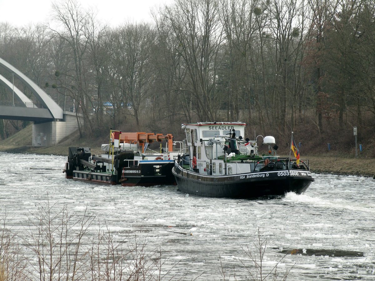 EB Seeadler (05033800) schob am 05.03.2018 das BU 3960 (05039600) im Sacrow-Paretzer-Kanal / UHW bei Nedlitz zu Berg Richtung Jungfernsee.