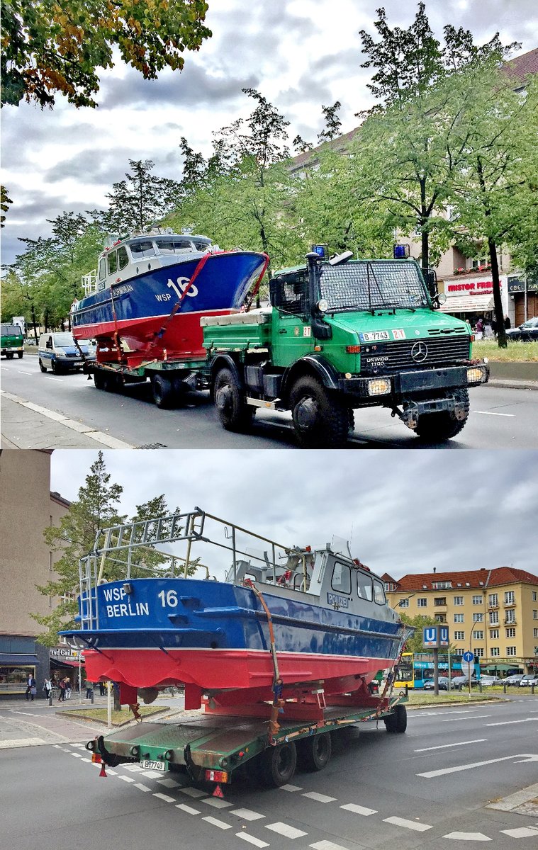 Ein Kormoran auf Abwegen. WSP 16 Berlin  Kormoran  (Wasserschutz Polizei) auf einem Trailer im Berliner Stadtgebiet. Foto: 20.09.2019