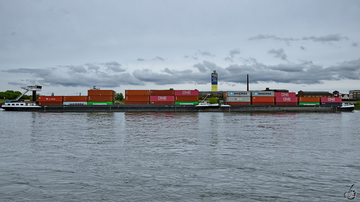 Ein mit Containern beladener Koppelverband bestehend aus ESPERANTO (ENI: 02324539) und ESPERANTWO (ENI: 02318489) fährt rheinabwärts. (Duisburg, April 2021)