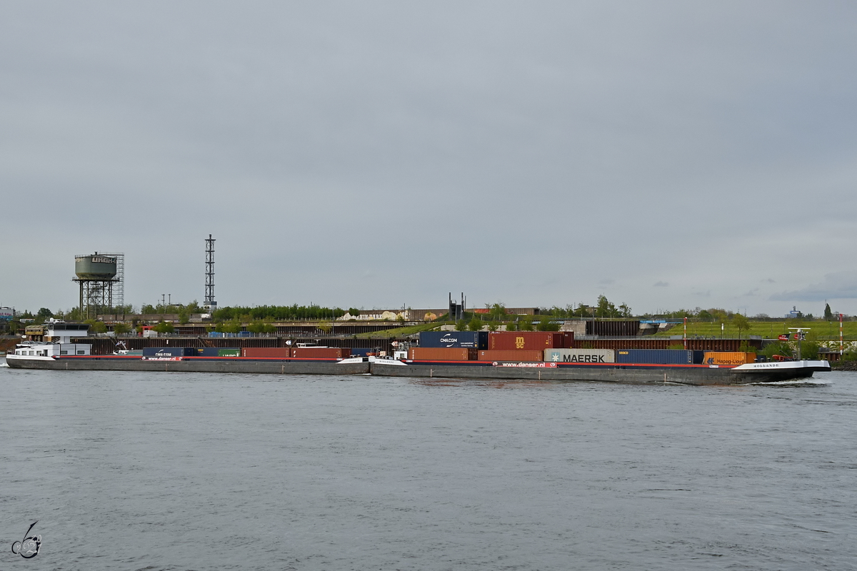Ein mit Containern beladener Koppelverband bestehend aus HOLLANDE (ENI: 02329039) und ALSAGE (ENI: 02329040) fährt rheinaufwärts. (Duisburg, April 2021)
