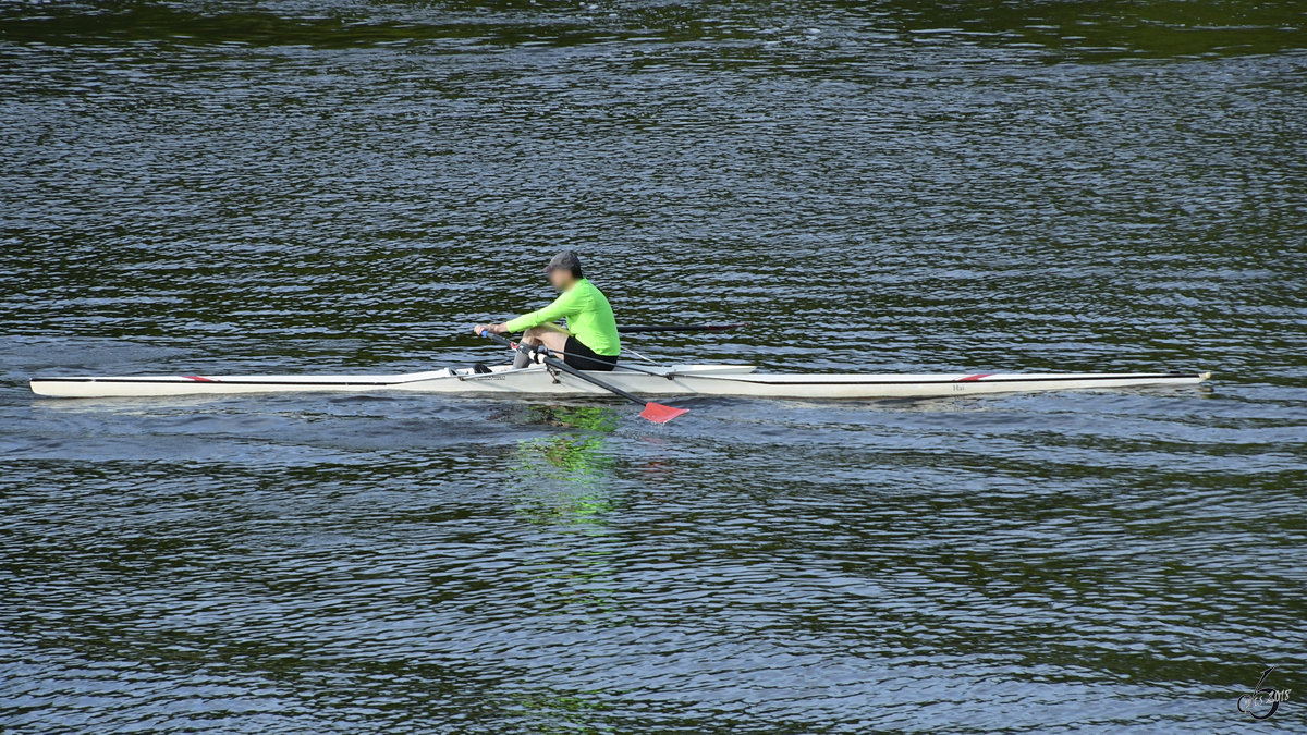Ein Sportruderer mit seinem Boot  Hai  (Teltowkanal, Berlin, April 2018)