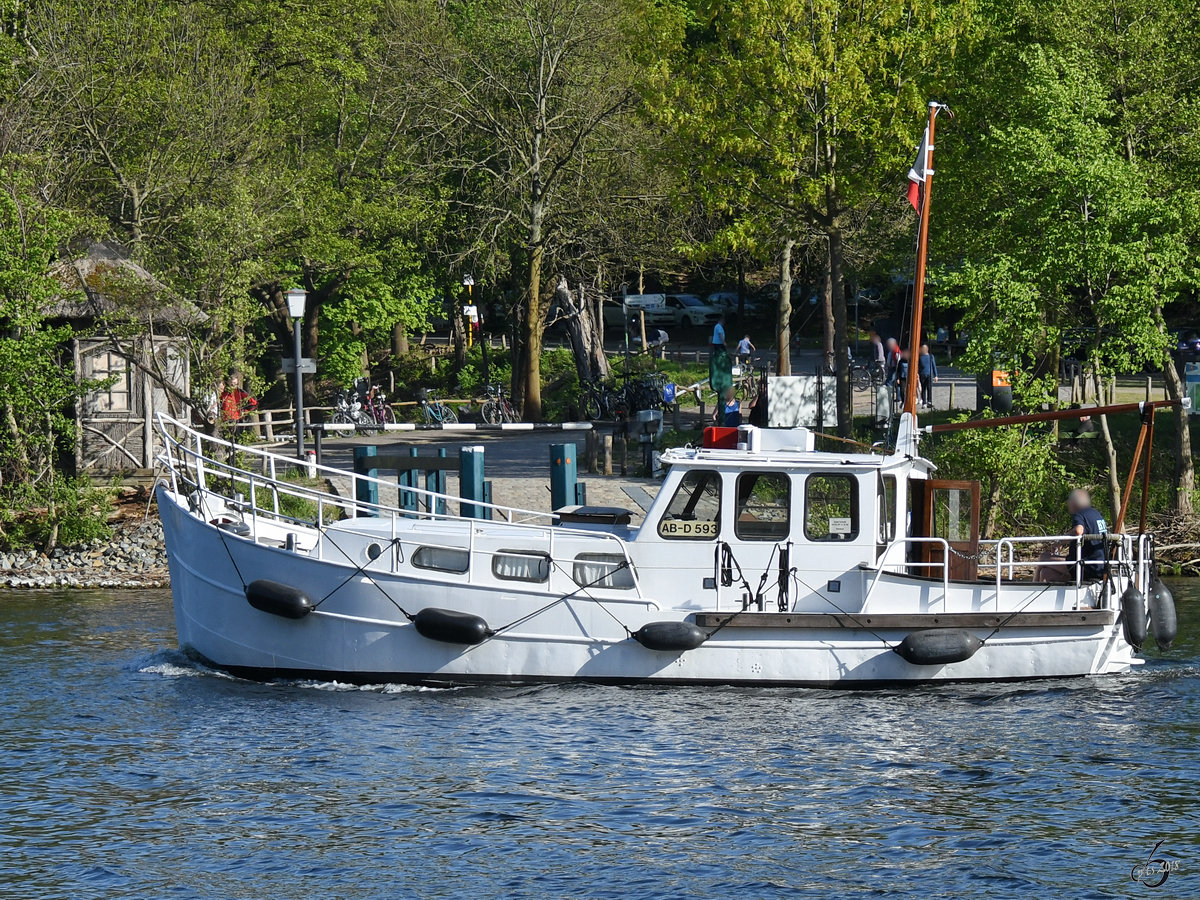 Eine Motoryacht  Ende April 2018 auf der Havel am Stadtrand von Berlin.