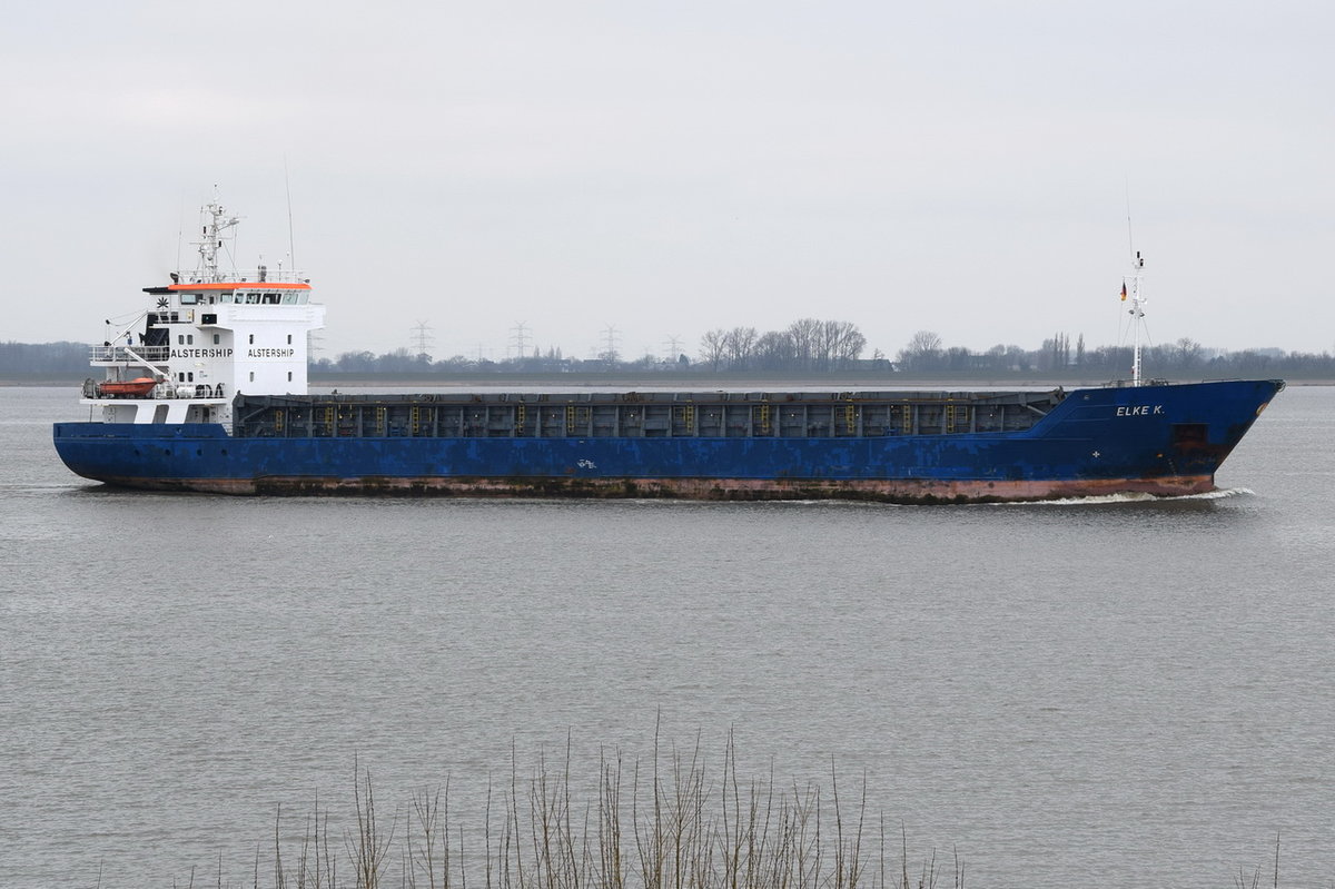 ELKE K , General Cargo , IMO 9006332 , Baujahr 1993 , 88 x 13m , 252 TEU ,19.03.2016 Grünendeich