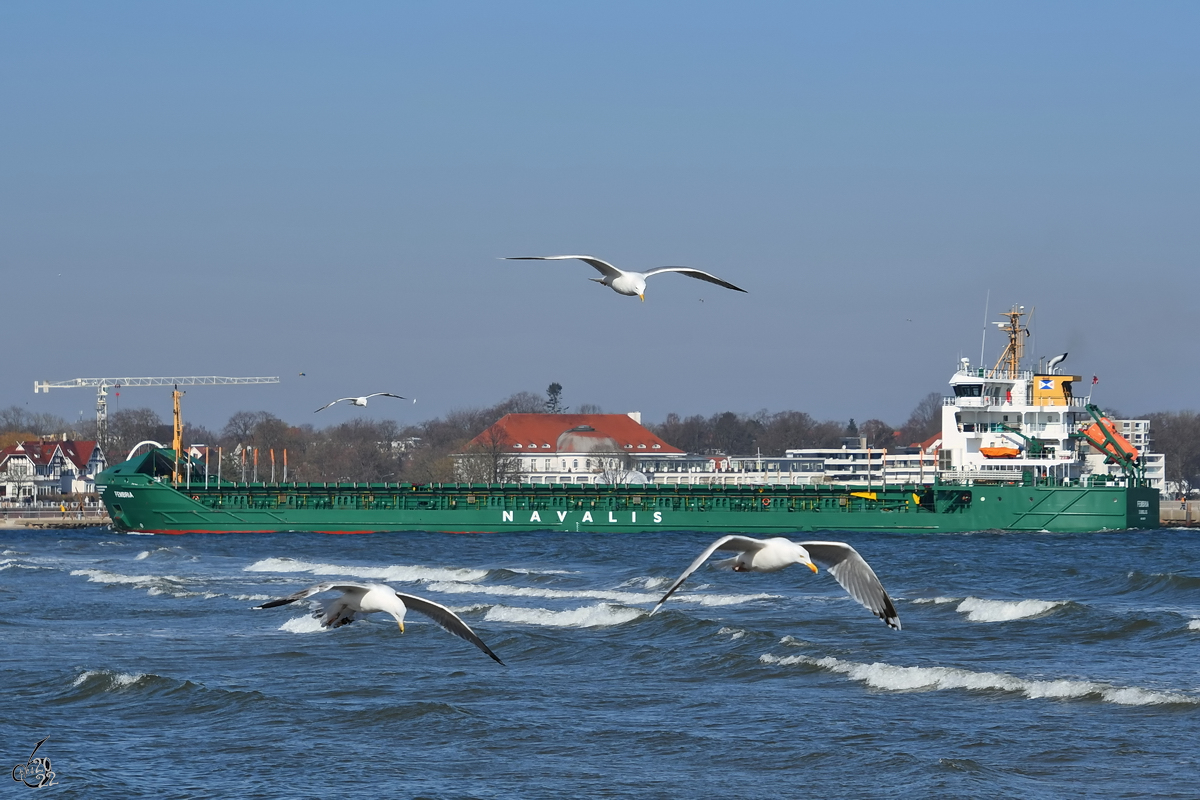 Ende März 2022 war auf der Ostsee bei Priwall das Frachtschiff FEMBRIA (IMO: 9350771) zu sehen.