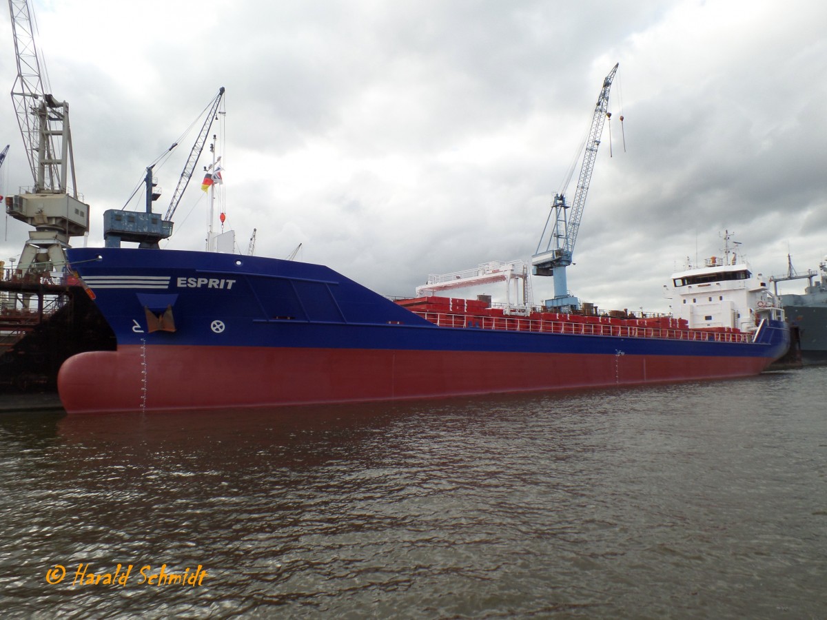 ESPRIT (IMO 9479943) am 20.6.2014, Hamburg, an der Norderwerft im Reiherstieg / 
Frachtschiff (General Cargo) / GT 2.984 / Lüa 89,95 m, B 14,4 m, Tg 5,8 m / 1 MaK-Diesel, 6M25, 2006 kW, 2727 PS, 11,5 kn /  38 TEU auf Deck / 2011 bei Chowgule, Goa, Indien  / Flagge: Niederlande, Heimathafen: Harlingen /
