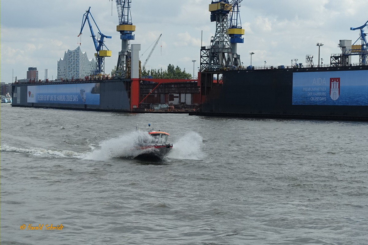 F 35 (Feuerwehr) am 21.8.2019, Hamburg, Elbe vor Blohm+Voss / 
Feuerwehr Mehrzweckfahrzeug (MZB) / Lüa 8,0 m, B 2,47 m / 1 Innenborder, Yanmar 6 LPA-ST2TP2, 232 KW (315 PS), 25 kn / zugel. Personen: 12 /
