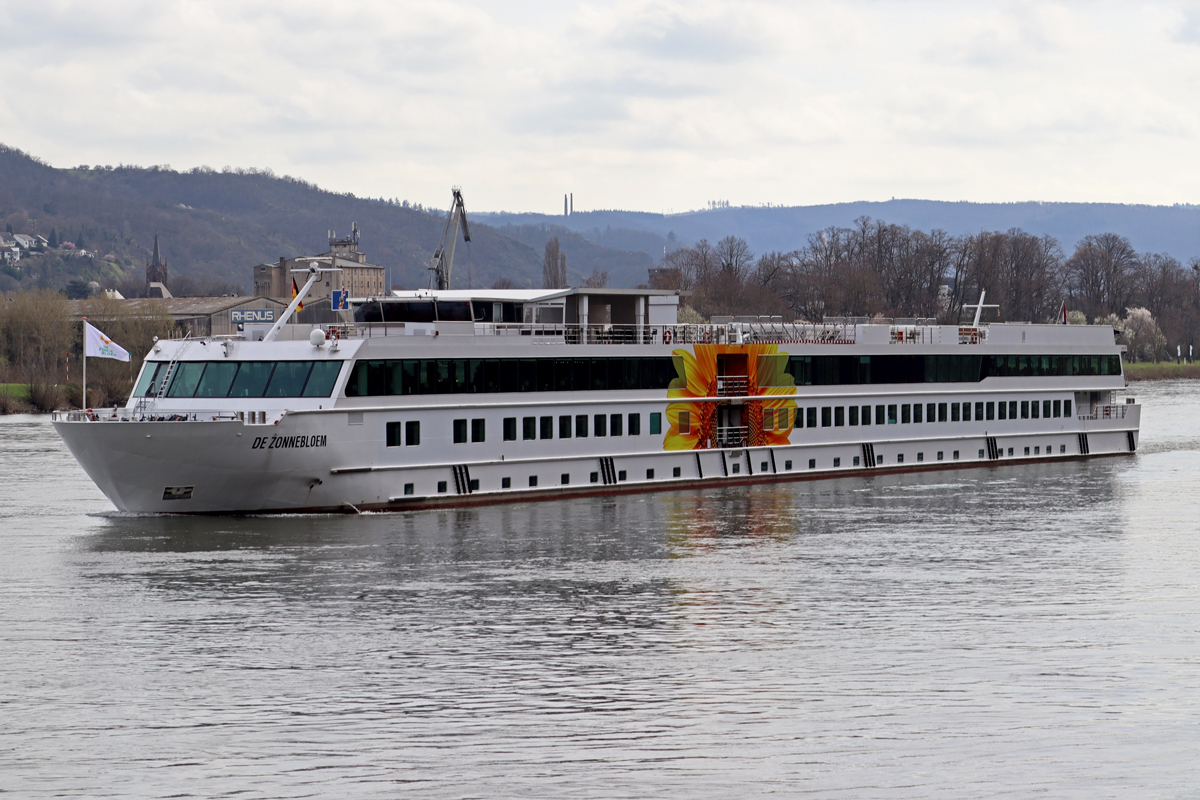 Fahrgastschiff  DE ZONNEBLOEM  Rhein abwärts bei Stolzenfels/Koblenz 14.3.2024