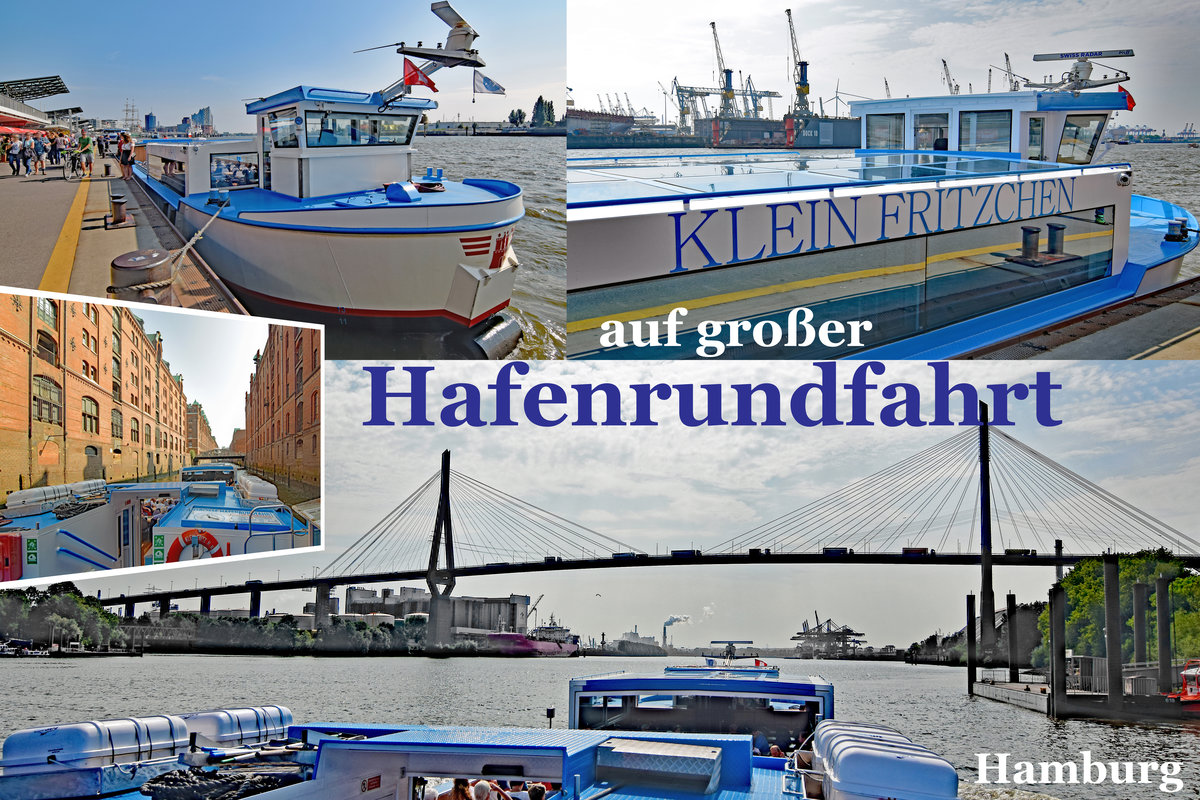 Fahrgastschiff KLEIN FRITZCHEN auf großer Hafenrundfahrt in Hamburg. Die Bilder entstanden am 3.9.2018 während einer 2-stündigen Tour, welche u.a. in die Speicherstadt und unter die Köhlbrandbrücke hindurch führte. KLEIN FRITZCHEN wurde 2016 von der Feltz-Werft GmbH in Hamburg-Finkenwerder gebaut, ist 33,50 Meter lang und ist für 160 Personen zugelassen. Das Schiff gehört Rainer Abicht – Elbreederei GmbH & Co. KG
