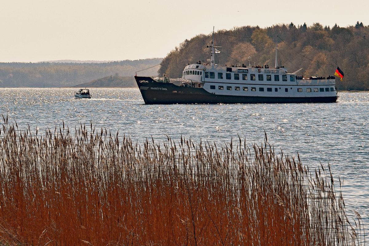 Fahrgastschiff MARITTIMA in Höhe des Skandinavienkais (rechts der MARITTIMA, nicht im Bild zu sehen) in Lübeck-Travemünde (19.04.2019).  