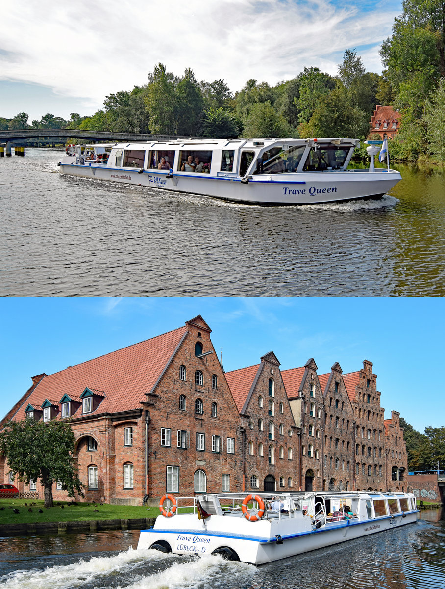 Fahrgastschiff TRAVE QUEEN am 26.08.2016 in Lübeck in Höhe der Salzspeicher.