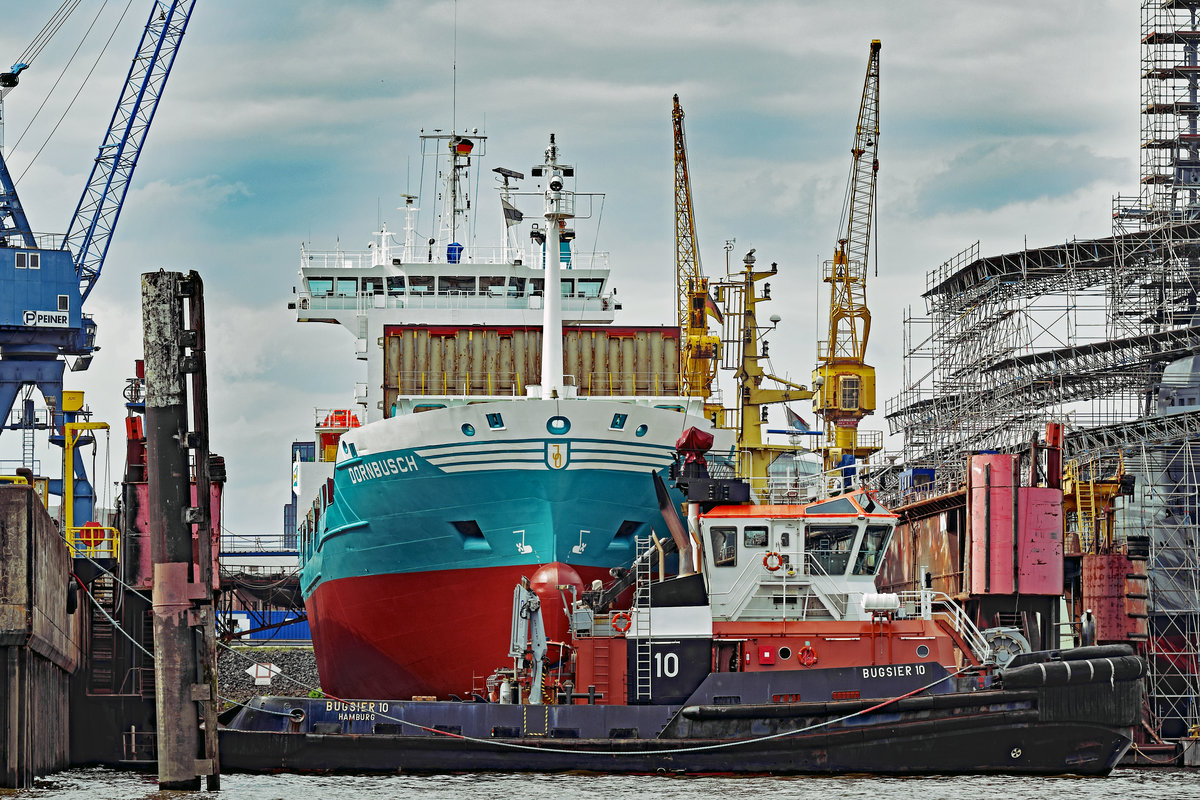 Feederschiff DORNBUSCH (IMO 9126211) und Schlepper BUGSIER 10 am 27.05.2019 im Hafen von Hamburg