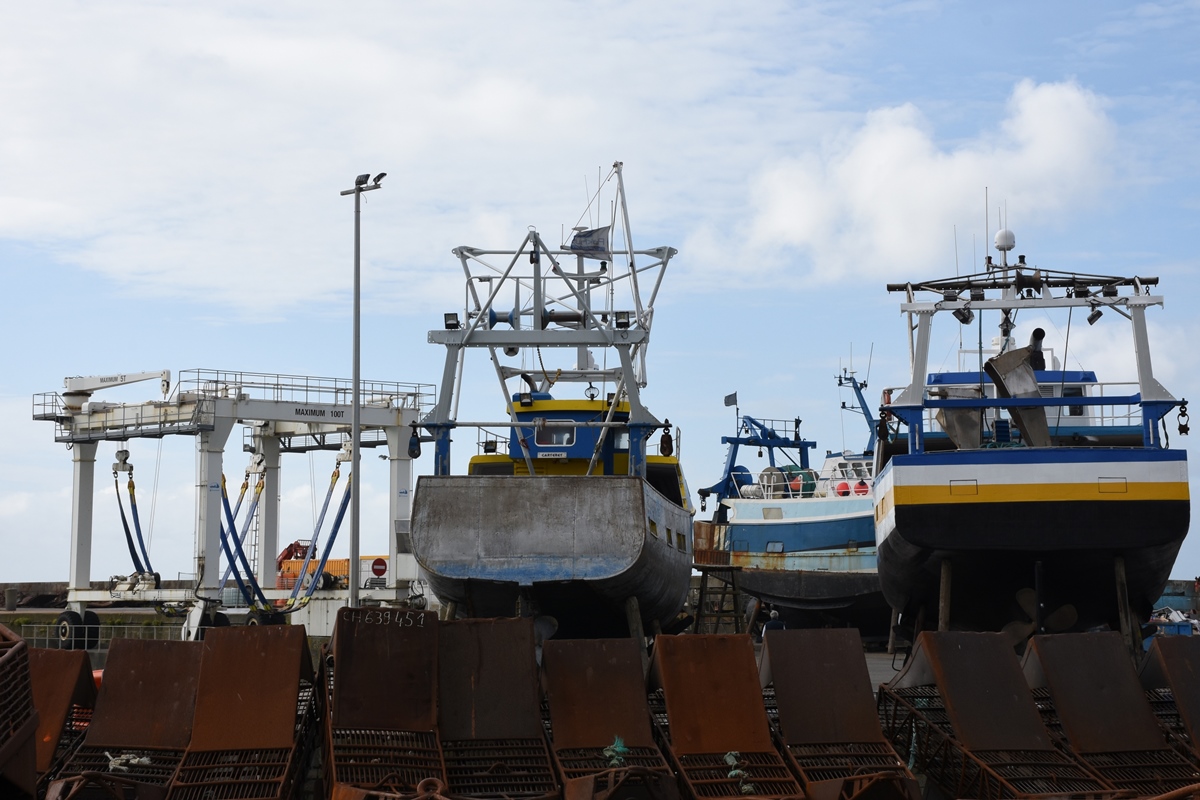 Fischerboote an Land in Granville (Halbinsel Cotentin / Normandie). Im Vordergrund Schleppreusen zum Muschelfang. [Die Nummern habe ich nicht notiert] (2017-09-10)