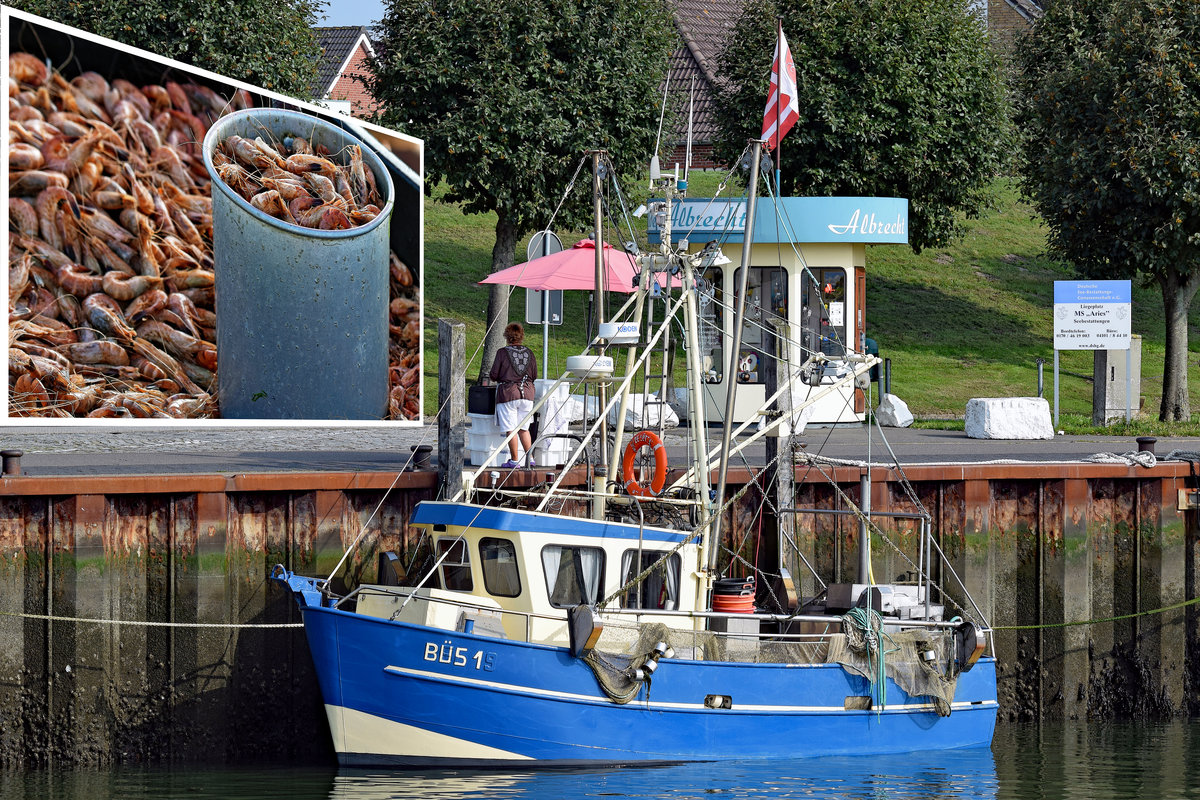 Fischereifahrzeug BÜS 1 im Hafen von Büsum (29.08.2017). Eine Dame steht am Kai und verkauft fangfrische Krabben (auch als  Granat  oder  Garnelen  bezeichnet). Zurzeit sind die Preise für diese  Leckerei  sehr hoch. Wer aber mal vor Ort ist, sollte gern mal einen  Liter Granat  mit nach Hause nehmen. Vielleicht auch zwei oder mehr.... sie schmecken einfach köstlich, diese  Nordseekrabben !