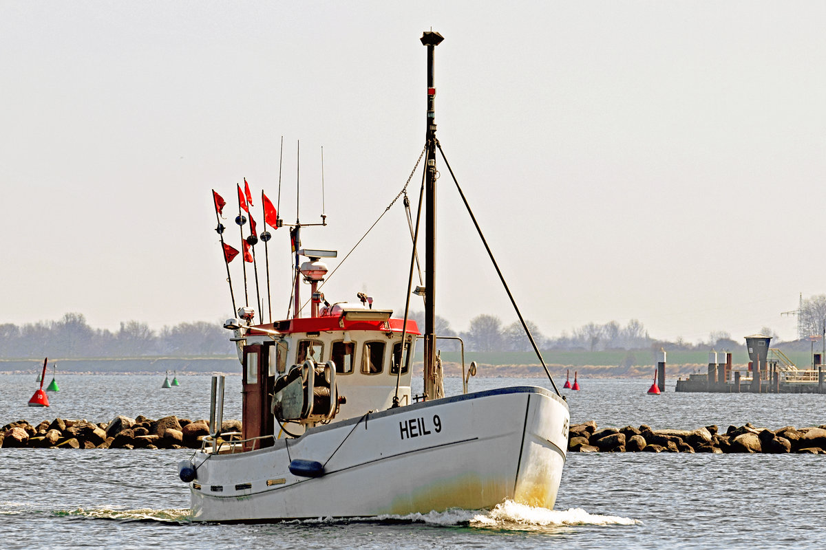 Fischereifahrzeug HEIL 9 am 20.04.2021 in Heiligenhafen (Ostsee) einlaufend
