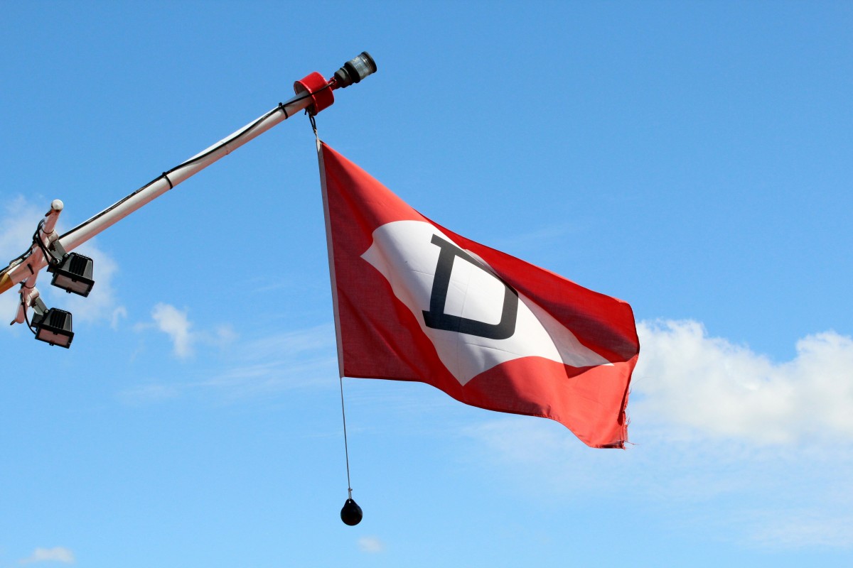 Flagge der Reederei Dettmer am Mast vom TMS Dettmer Tank 51 (04014550) am 24.05.2014 in Tangermünde.