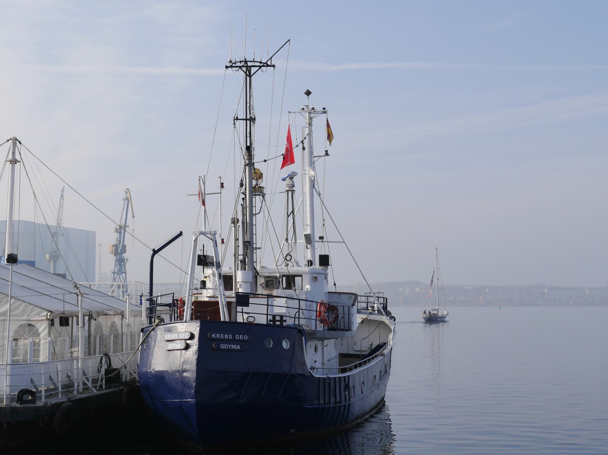 Forschungsschiff KREBS GEO, Gdynia (Danzig), gebaut 1958 VEB Elbewerft Boizenburg als Fischkutter RIESENHAI (SAS 319), Backbord; Wismar, 01.11.2015
