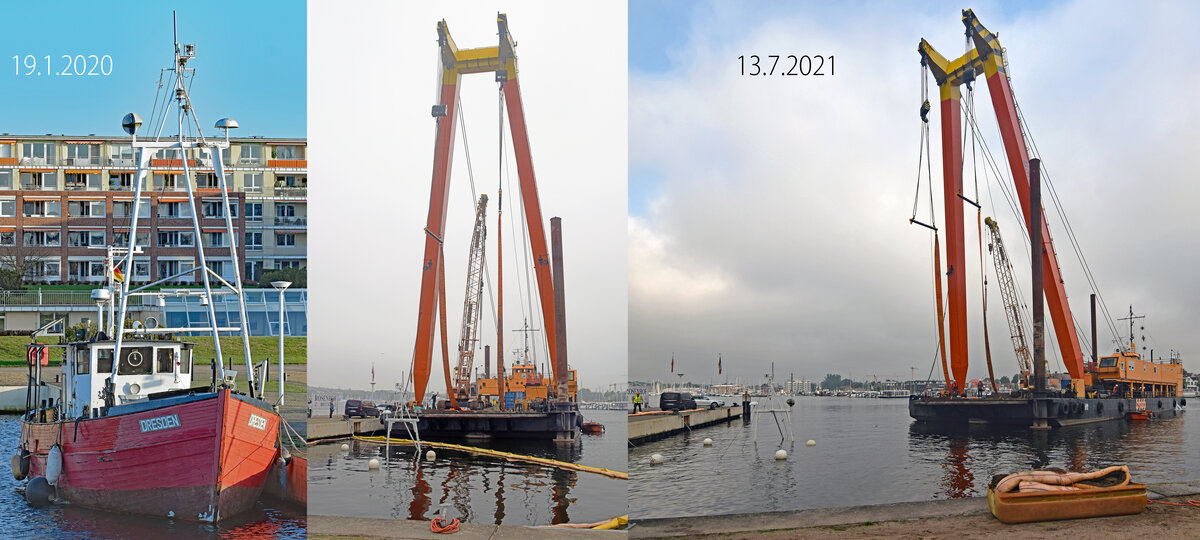 Fotocollage 1:
Kutter DRESDEN gehoben. Das Fahrzeug, bei der Rosenhof-Brücke in Lübeck-Travemünde liegend, war am 8.2.2021 auf den Grund der Trave gesunken. DRESDEN, bereits  angeschlagen , konnte an diesem Tag den Kräften des auftretenden Hochwassers nicht mehr standhalten. Am 13.07.2021 wurde der Kutter mit Hilfe des Schwimmkrans BALTIC LIFT an die Wasseroberfläche geholt und schließlich zum Lehmannkai 4 in Lübeck verbracht, wo er  entsorgt  werden soll.