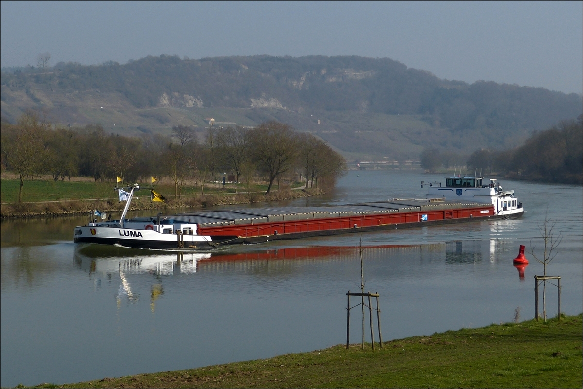 Frachter  LUMA  ENI Nr. 06003583  L 104,86 m ; B 11 m ;  Tonnage 2663 t; Tiefgang 3,28 m ; Bj 1981 ; Bauwerft  Ruijtenberg in Raamsdonksveer  Niederlande.    Frherer Name Martin-Els.   Aufgenommen am  07.03.2014 an der Mosel nahe Oberbillig.