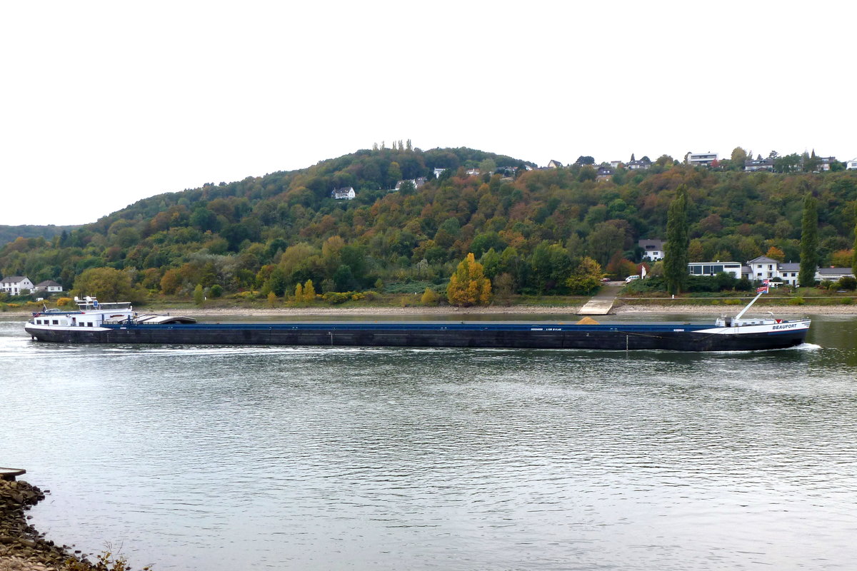 Frachtschiff Beaufort, Flagge: Niederlande, Talfahrt auf dem Rhein bei Unkel. Aufnahmedatum: 17.10.2016