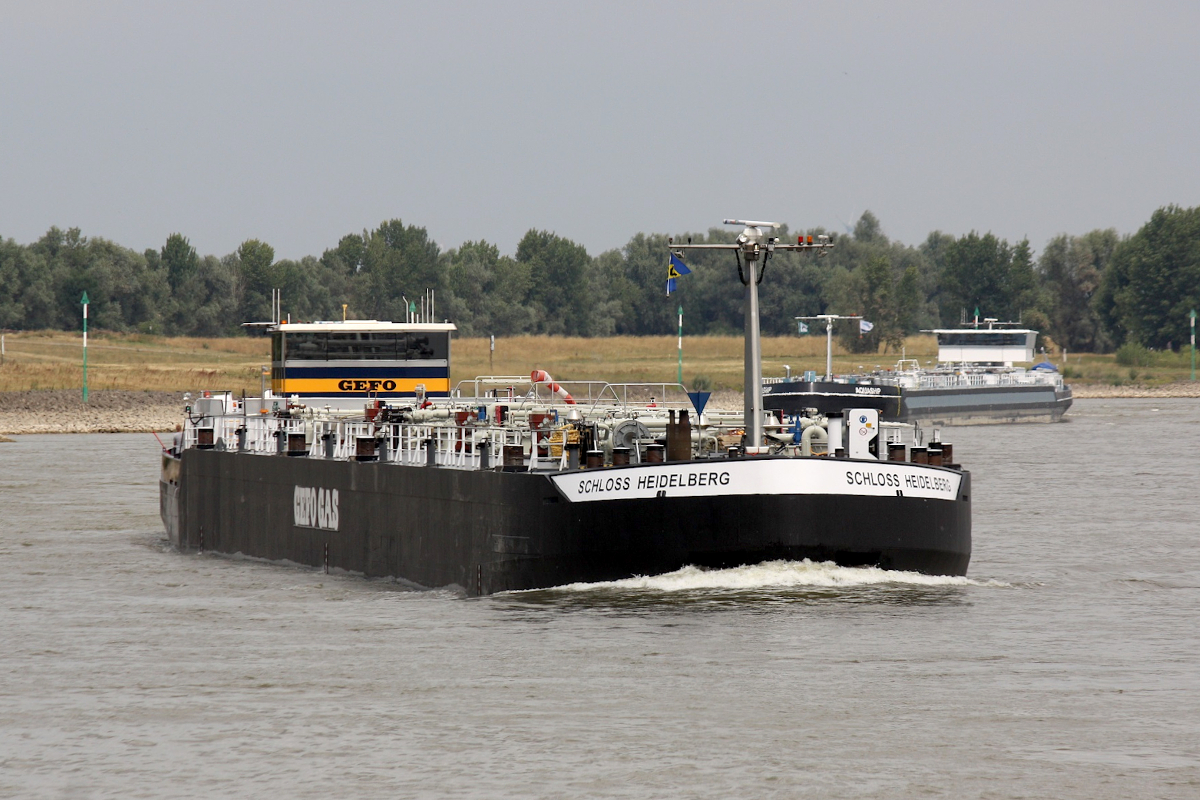 GEFO-Gastanker SCHLOSS HEIDELBERG (ENI:04809220) L.110 m B.11,40 m T 1665 Flagge Deutschland auf dem Rhein zu Berg am 09.07.2022 in Xanten.