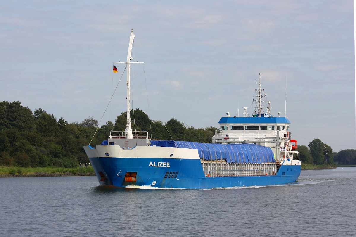 General Cargo ALIZEE (IMO:9574303) L.88 m B.12 m Flagge Niederlande  im NOK bei Schacht-Audorf am 07.09.2021 nach Brunsbüttel. 