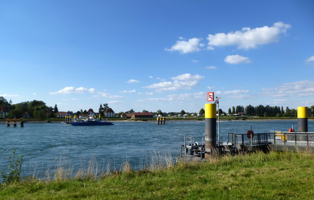 Gierseilfhre ber den Rhein, Blick vom Anleger in Plittersdorf zum Anleger am franzsischen Ufer, Sept.2015