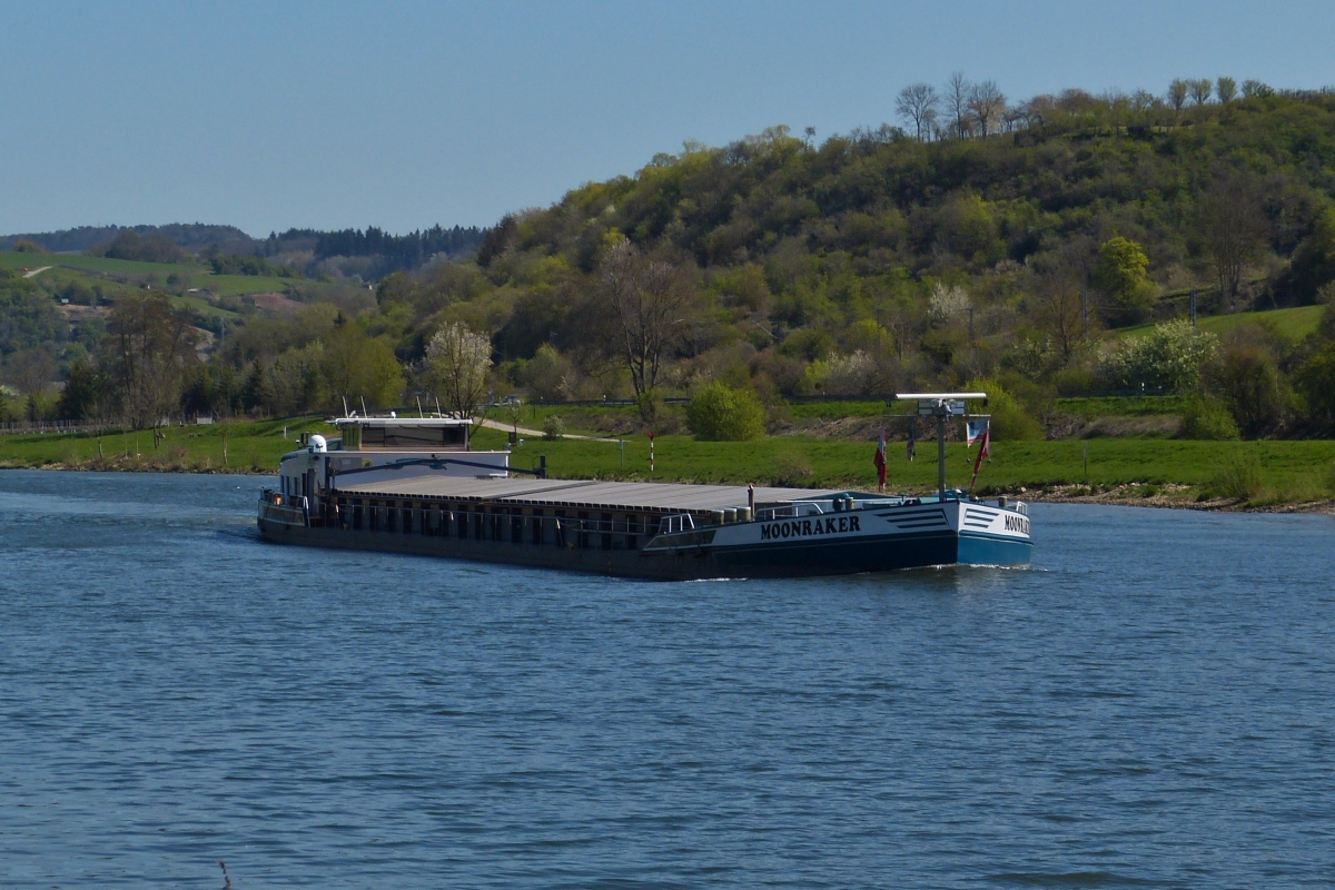 GMS „MOONRAKER“, ENI 02326759; Bj 1959; L 86 m; B 9,5 m; Tonnage 1617 t; auf der Mosel nahe Wasserbillig unterwegs. 27.04.2021

