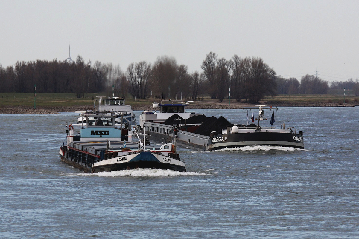 GMS ACHIM (ENI:04011260) L.85 m B.8,20 m T.1196 Baujahr 1957 Flagge Deutschland auf dem Rhein am 17.03.2022 zu Berg in Xanten.