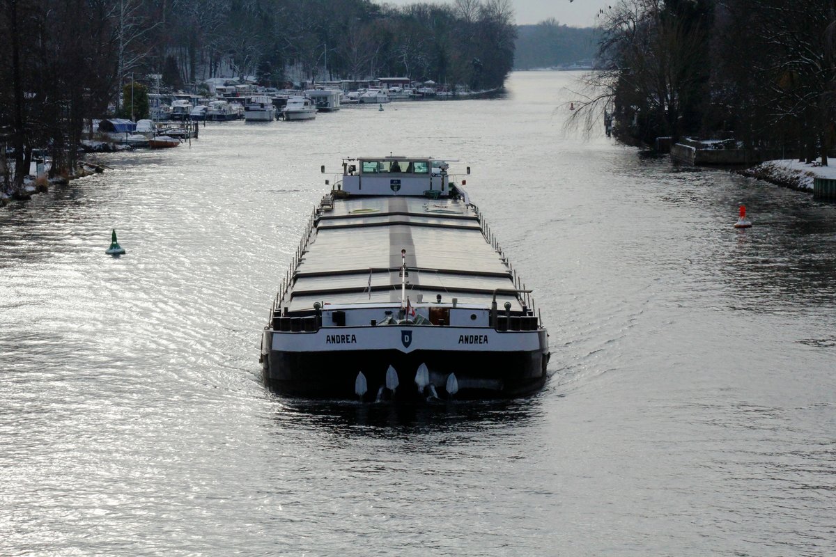 GMS  ANDREA  (04000200 , 85 x 9,50m) am 01.02.2021 auf der Havel zw. dem Pichelsdorfer Gmünd und der Freybrücke in Berlin-Spandau auf Bergfahrt. 