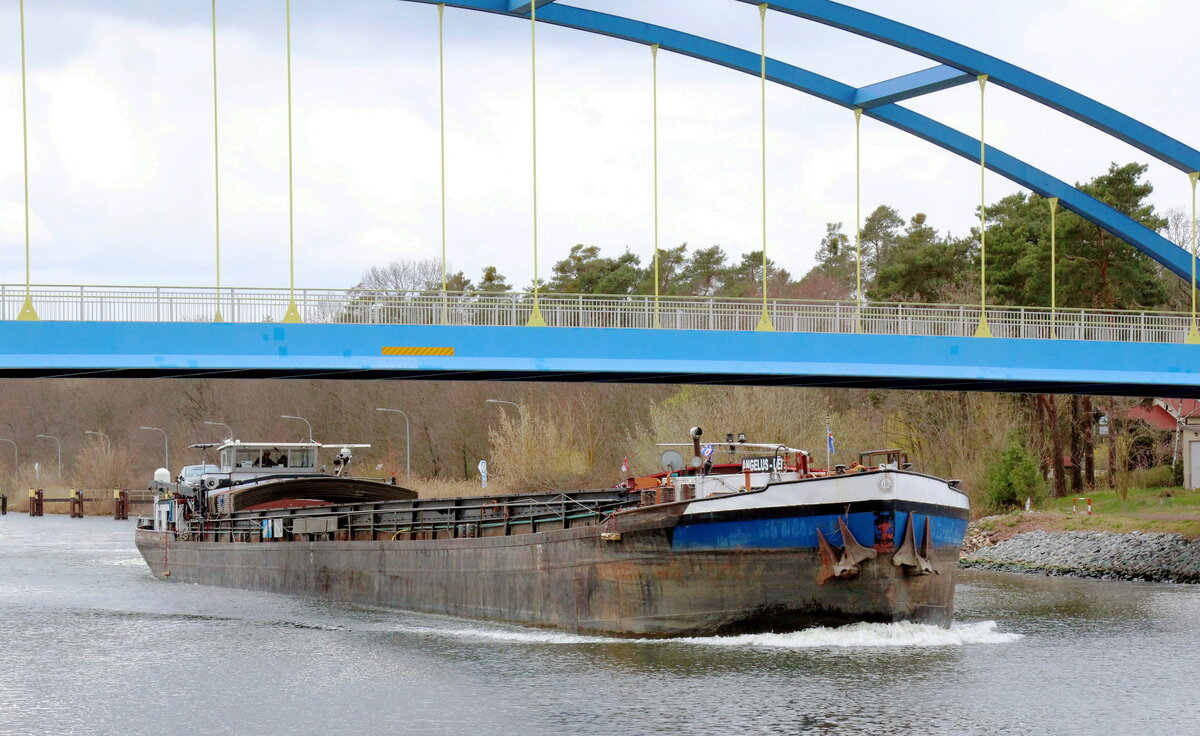 GMS  ANGELUS-DEI  (04001670 , 80 x 8,20m) am 14.04.2021 im  ELBE-HAVEL-KANAL  Höhe Siedlung Wusterwitz mit Fahrtrichtung Wendsee in Fahrt.