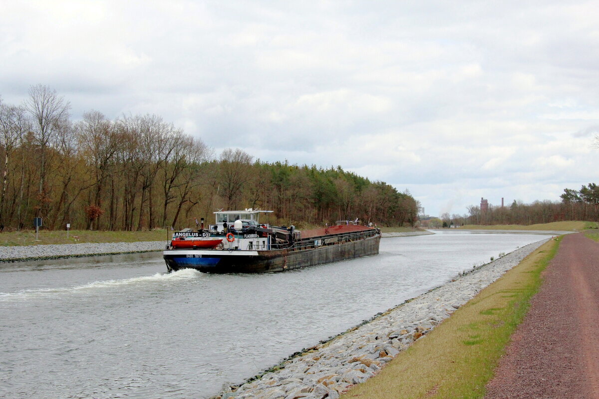 GMS  ANGELUS-DEI  (04001670 , 80 x 8,20m) befuhr am 14.04.2021 den  ELBE-HAVEL-KANAL  zw. der Siedlung Wusterwitz und dem Wendsee.