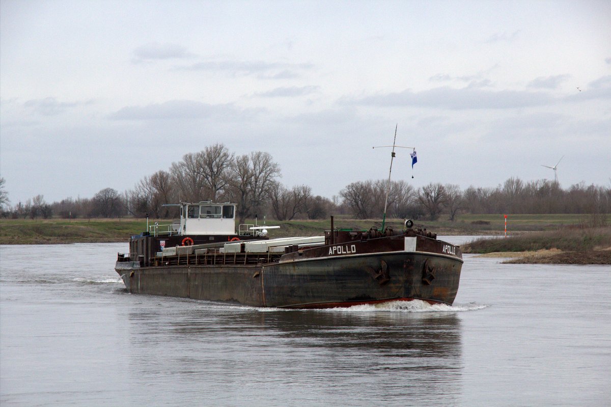 GMS Apollo (08451013 , 71,5 x 9,34m) am 24.02.2020 auf der Elbe zu Berg vor der Fähre Prettin.