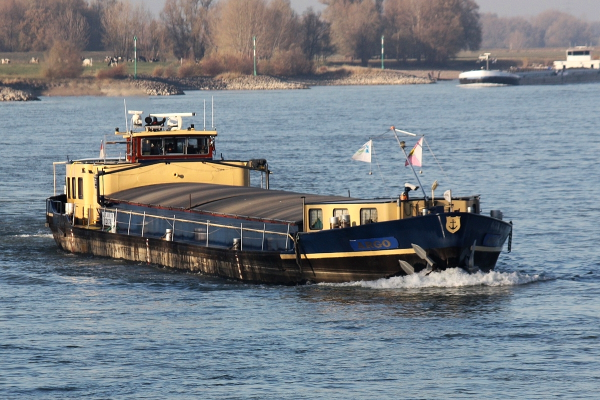 GMS Argo (EIN 02313745) Baujahr 1952  am 16.11.2018 zu Berg auf dem Rhein km 823 bei Bislicher Insel. 