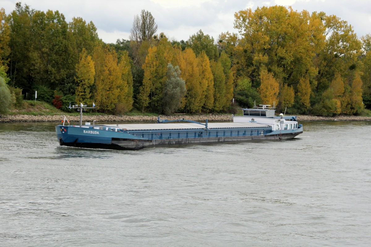 GMS Barbuda (06004228 , 85 x 9,5m) am 20.10.2014 bei Rhein-km 472,3 auf Talfahrt.