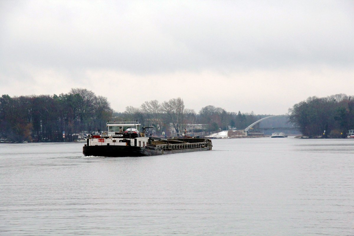 GMS  BIBER  (04701240 , 84 x 9,5m) am 19.01.2021 im WEIßER SEE / UNTERE HAVEL-WASSERSTRASSE. Hier drehte das  GMS  über Backbord zu Tal.