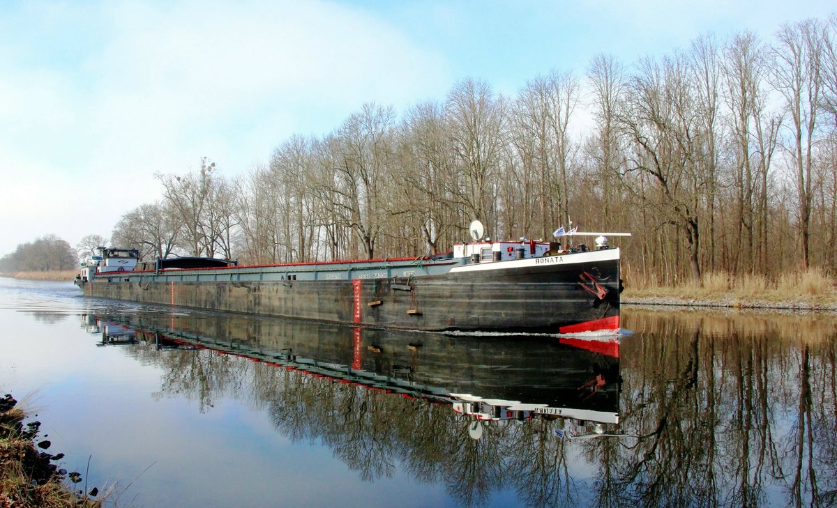 GMS  BONATA  (04022740 , 80 x 8,20m) am 02.03.2021 im Sacrow-Paretzer-Kanal / UNTERE HAVEL-WASSERSTRASSE  zw.d. Göttin/- und Schlänitzsee auf Bergfahrt.