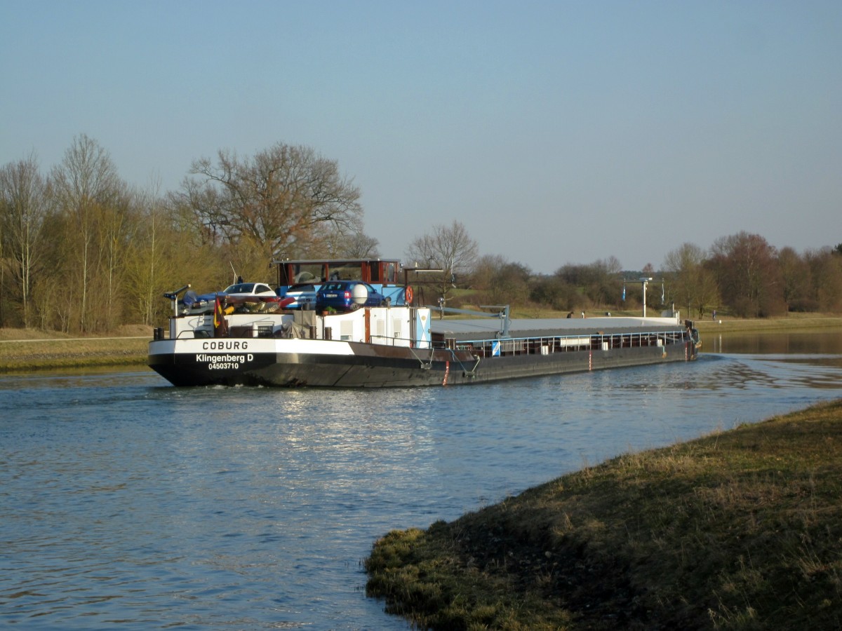 GMS Coburg (04503710 , 86 x 10,5m) am 18.03.2015 auf dem Main-Donau Kanal bei Heuberg. Das Schiff befindet sich auf der Scheitelhaltung Rhein/Donau und fährt Richtung Schleuse Hilpoltstein.