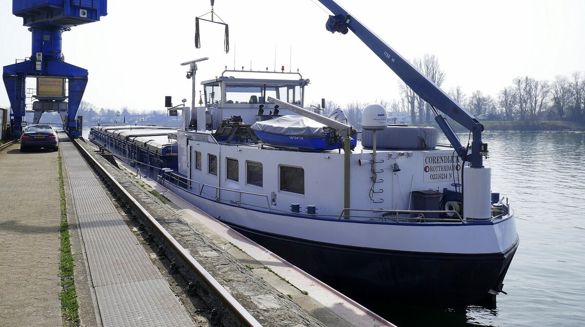 GMS CORENDIJCK ENI 02316214, ankert im Rheinhafen Breisach, Heckansicht, M�rz 2026