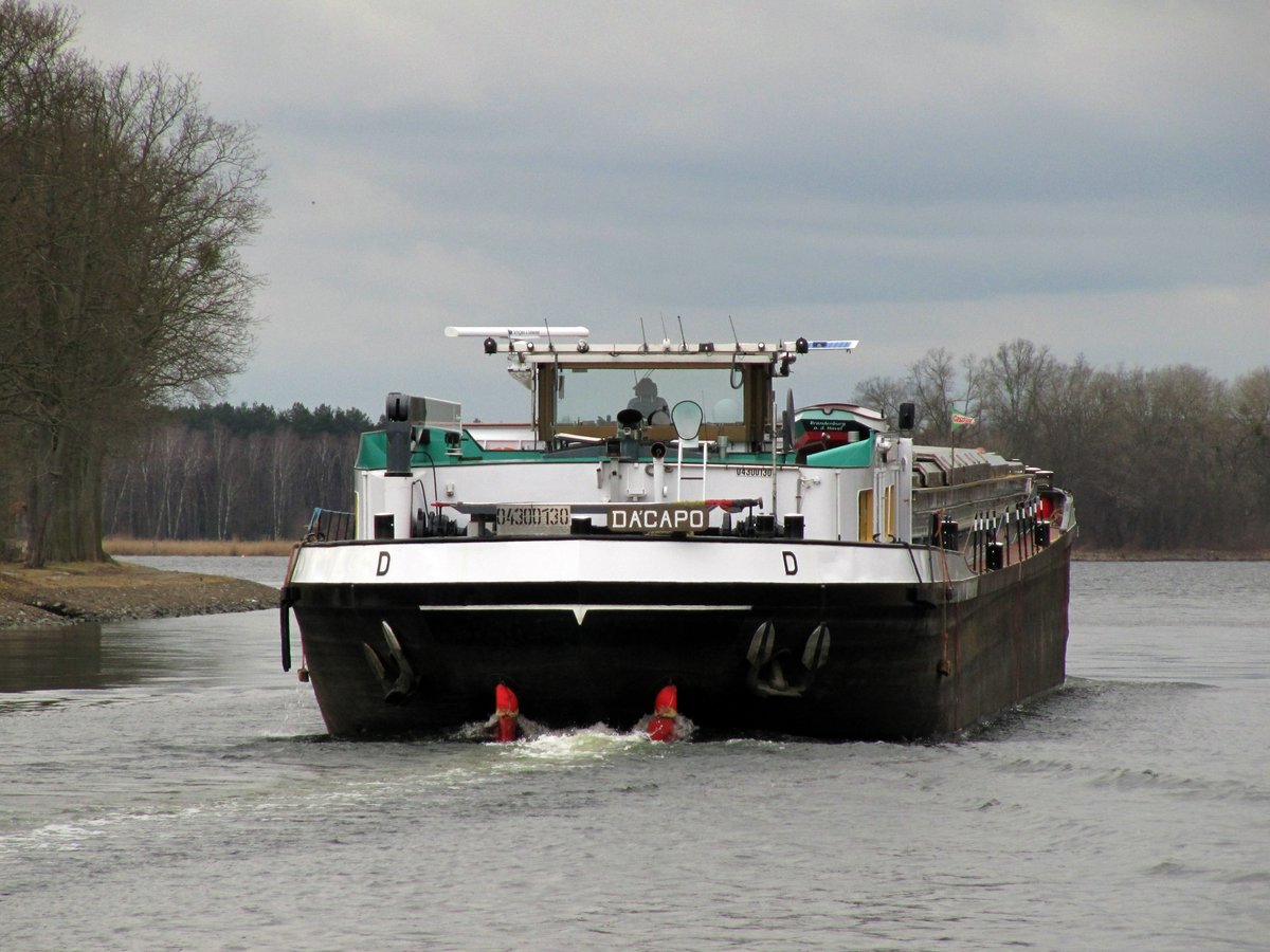 GMS Da Capo (04300130 , 79 x 8,20m) am 13.03.2018 im Sacrow-Paretzer-Kanal / UHW Höhe Schlänitzsee auf Talfahrt.