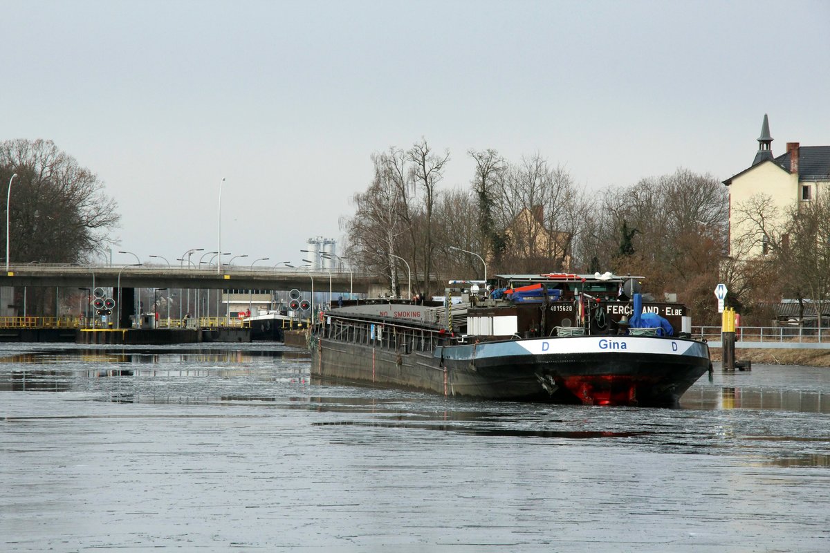 GMS Gina (04015620 , 79,71 x 7,95m) mußte am 27.02.2018 vor der Schleuse Brandenburg/Havel auf seine Talschleusung warten. 