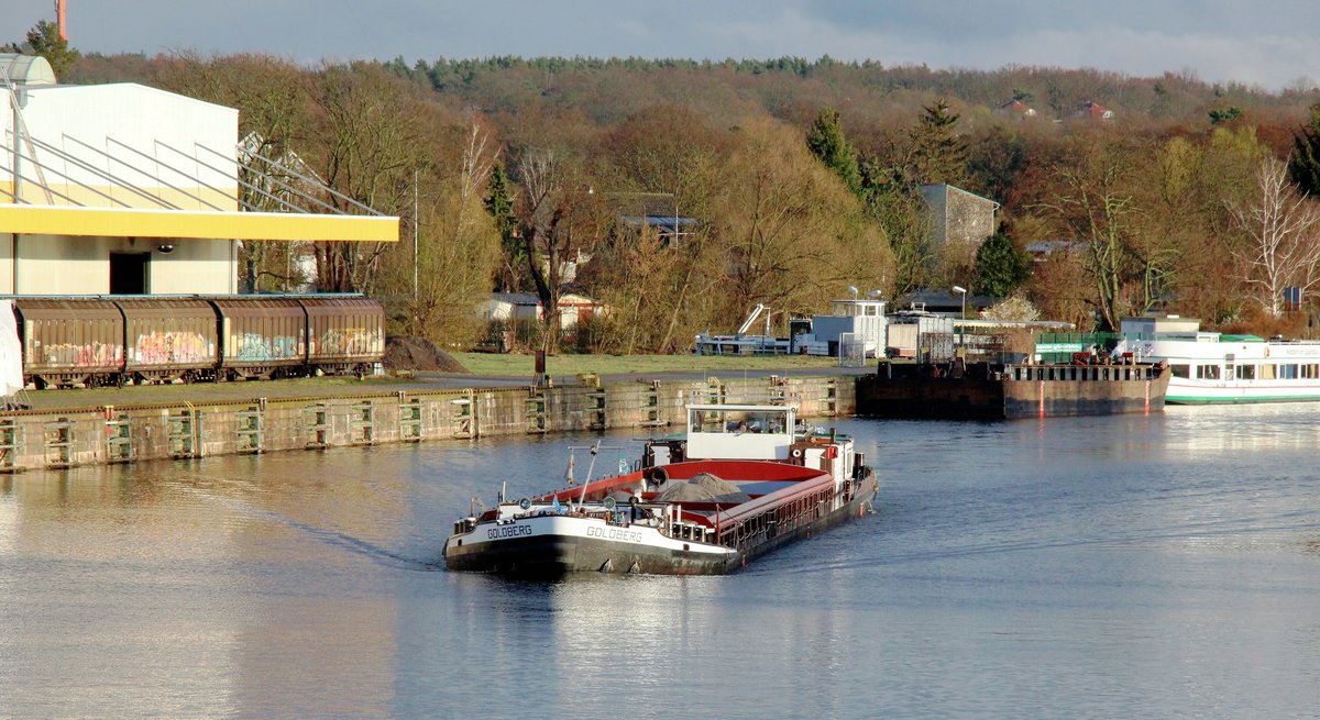 GMS  GOLDBERG  (04031090 , 67 x 8,20m) befuhr am 06.04.2021 die  HAVEL  in Berlin-Spandau am Südhafen zu Berg.